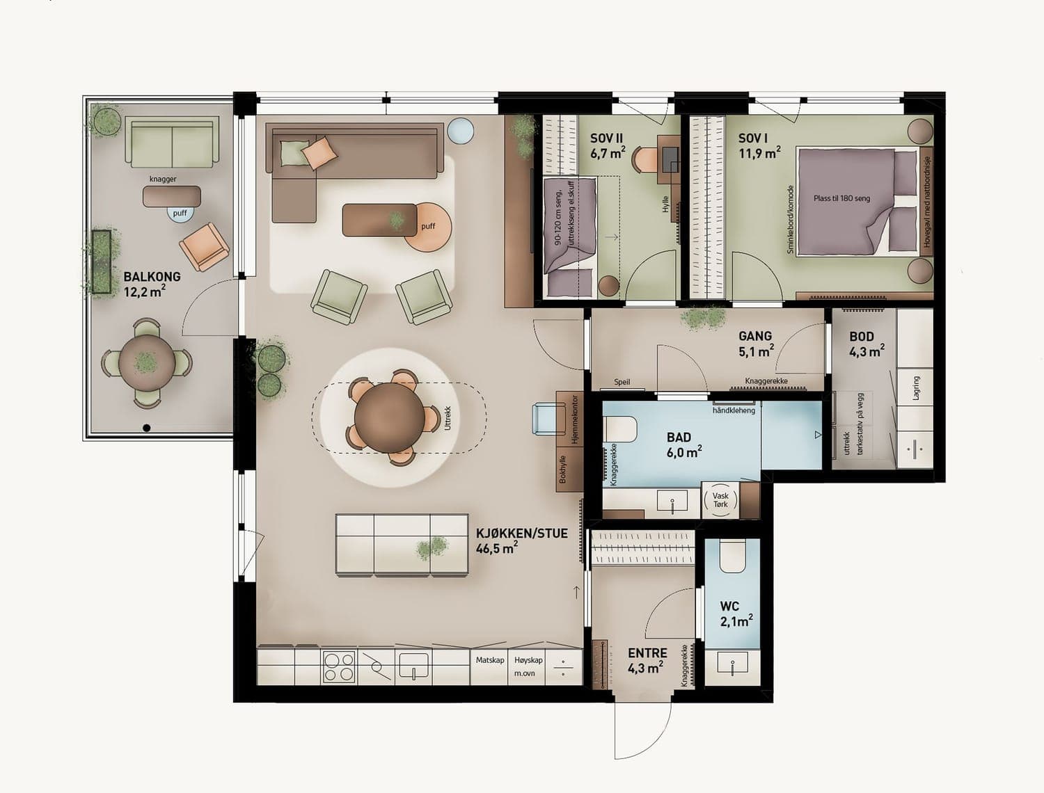 Leilighet B6H0205 blir 91 m² BRA-i. Her får du en praktisk planløsning med to gode soverom, hvor det ene enkelt kan tilpasses dine behov. Det kan brukes til både tradisjonelt soverom, gjesterom, ekstra oppbevaring, hjemmekontor eller en koselig TV-stue.